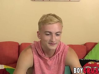 Interviewed twink jerking off his dick and toying his ass